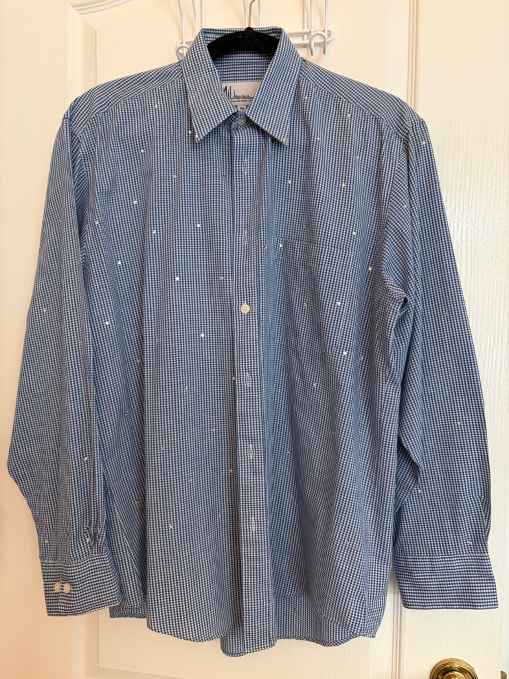 Women’s blue/white Micro-Check Button-Up blouse with rhinestone accents.